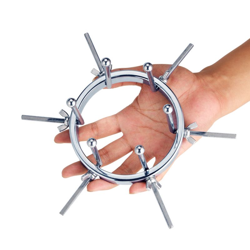 Metal bdsm head torture device with spikes and adjustable screws for BDSM play and bondage intimacy.