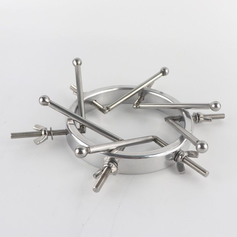 Metal sex toy restraint device with adjustable straps and screws for adult pleasure.