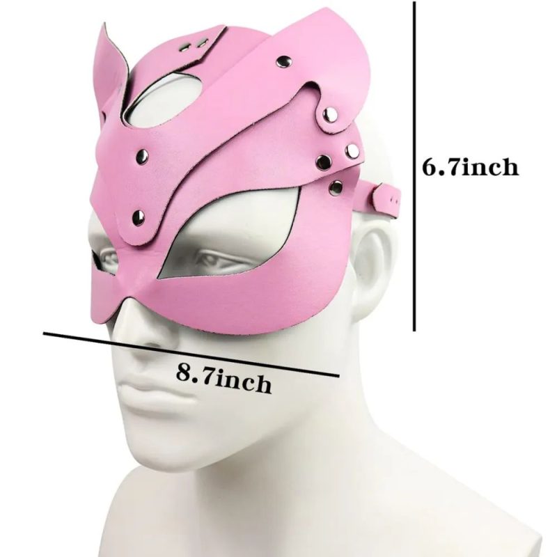 Pink leather BDSM mask, fetish role play, adjustable straps, sensual adult costume accessory.