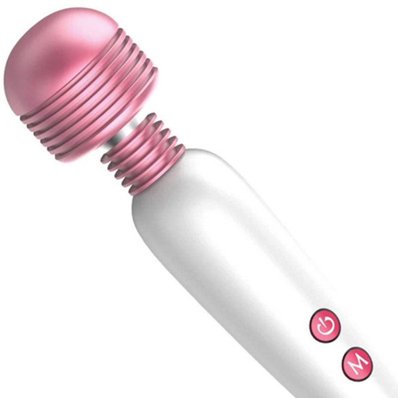 Silicone vibration massage wand with pink ridged head and control buttons, ideal for personal pleasure and relaxation.