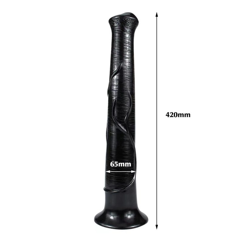 Extremely realistic black dildo with textured surface and detailed design for adult pleasure.