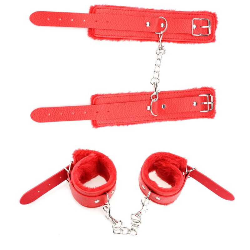 RedFaux Fur Collar Restraints and Handcuffs for Adult BDSM Role Play.