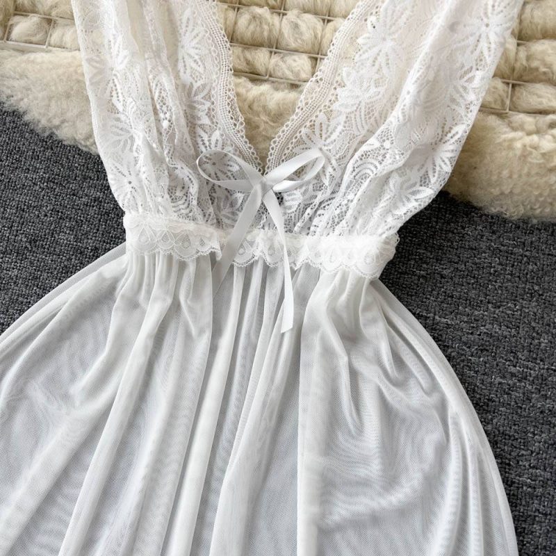 Silky white lace lingerie with bow detail, intimate sleepwear, seductive and elegant nightwear.