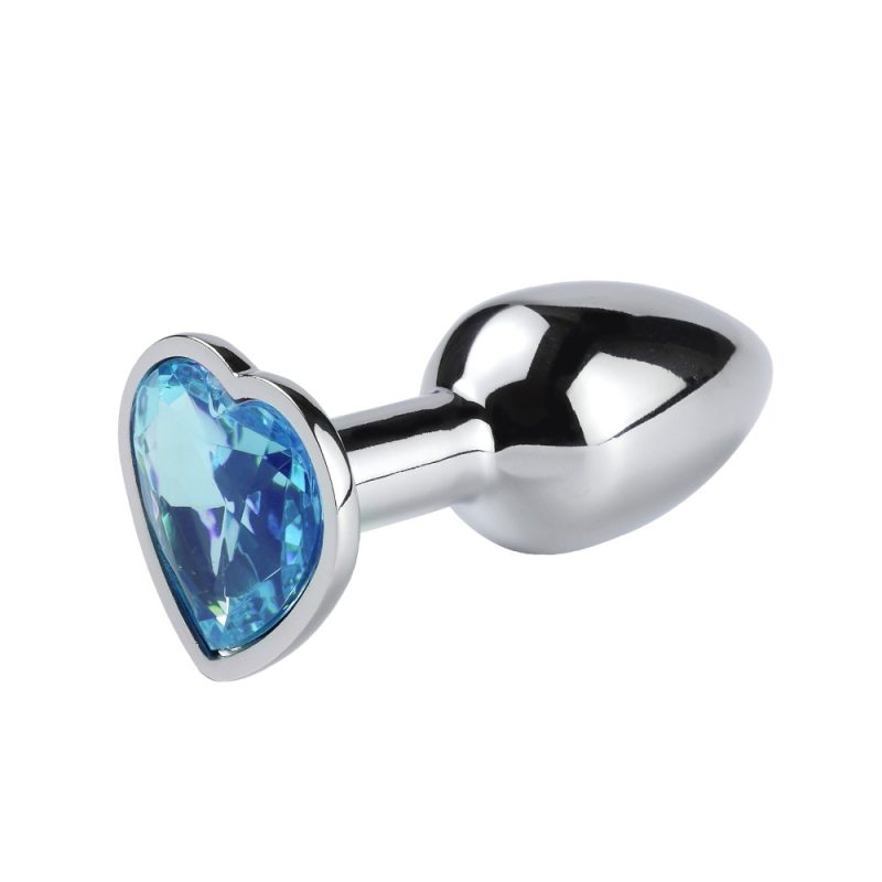 Shiny blue heart-shaped anal plug for women and men.
