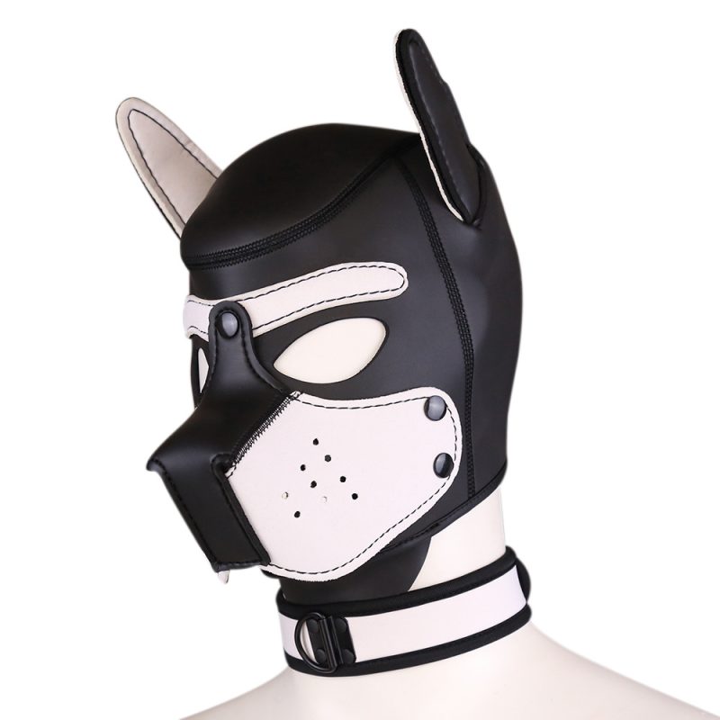 Leather dog mask with ears, adjustable strap, and breathable design for adult cosplay and fetish costume accessories.