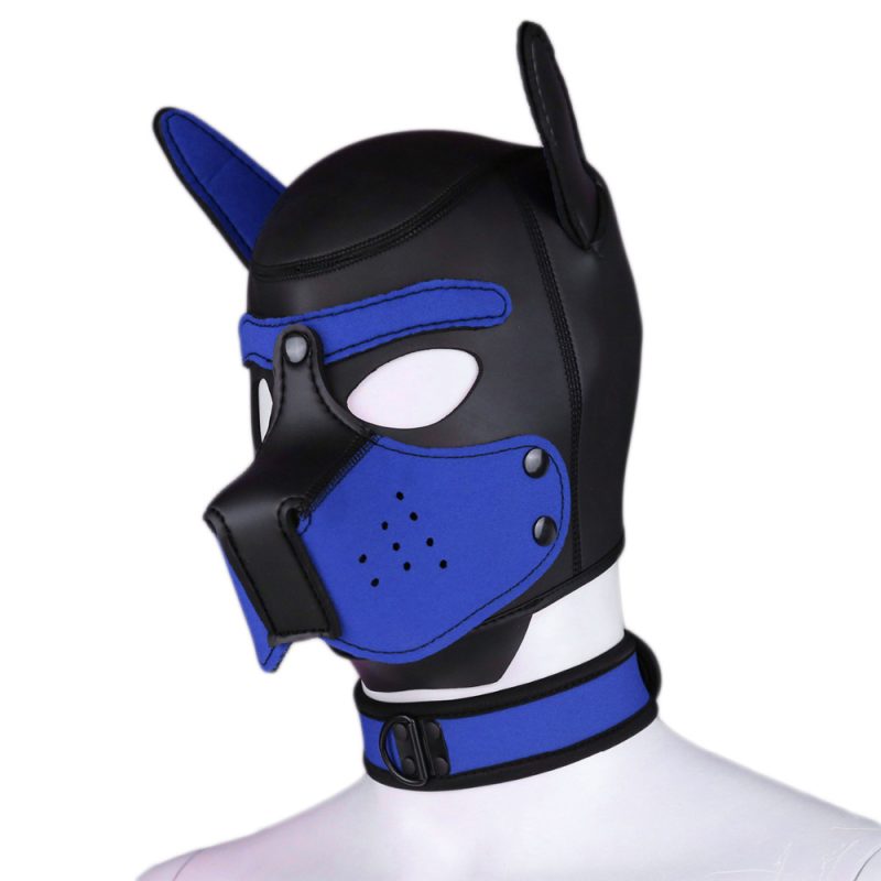 Cat ear BDSM mask with breathing holes and adjustable strap for adult cosplay and role play, black and blue leather material, provocative accessories for adult entertainment.