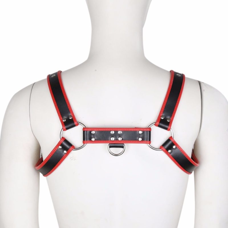Leather bondage harness for BDSM, adjustable straps with metal rings, provocative adult sex toy accessories.