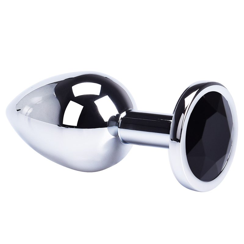 Silver and black metallic anal plug with jeweled gem accent for adult pleasure.
