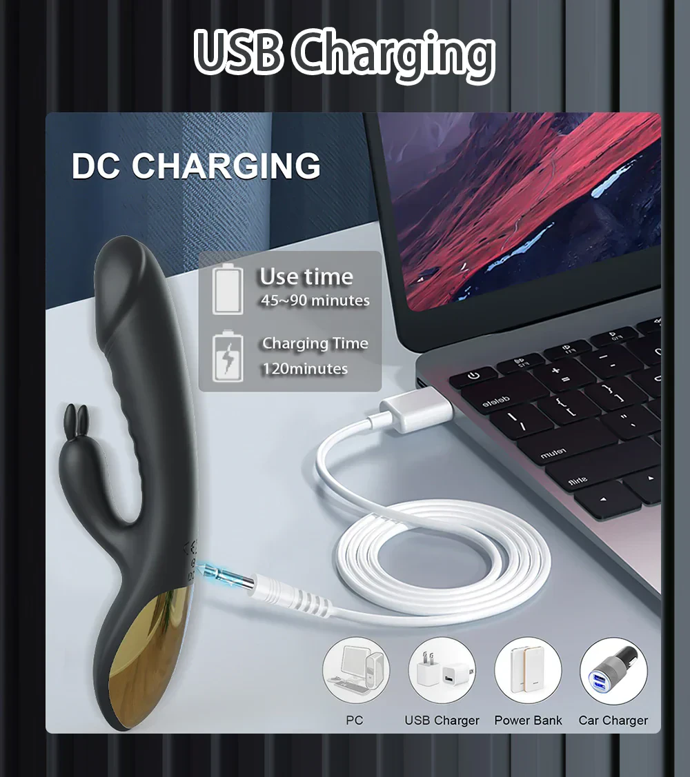 Shaped sex toy with gold accent, USB charging cable and laptop for adult pleasure device.