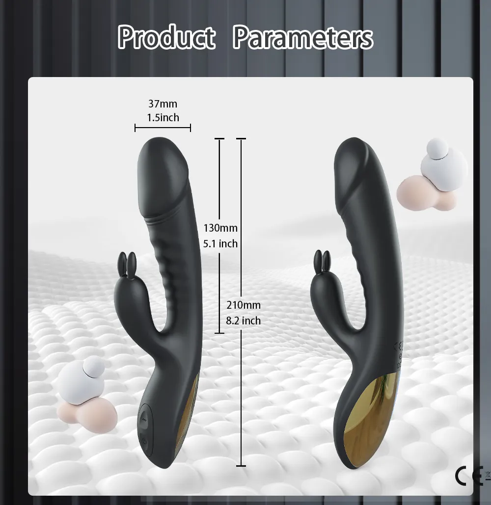 USB rechargeable black silicone dual motor rabbit vibrator with golden accents.