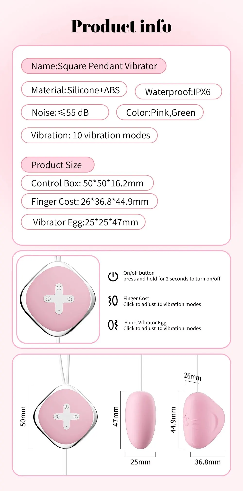 Silicone pink vibrating square pendant vibrator for adult sex toy.