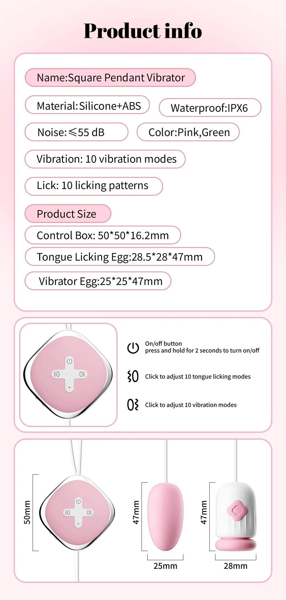 Square pendant vibrator with remote, waterproof silicone, pink/green, 10 vibration modes.