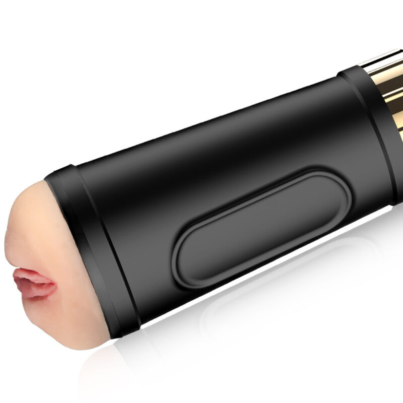 Black pleasure wand with realistic lips for intimate stimulation, compact and discreet design.