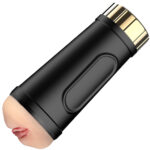 Black sex toy vibrator with realistic lip and skin texture for enhanced pleasure.