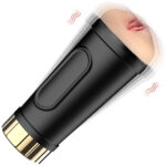 Black vibrating personal massager with realistic mouth design for intimate pleasure.