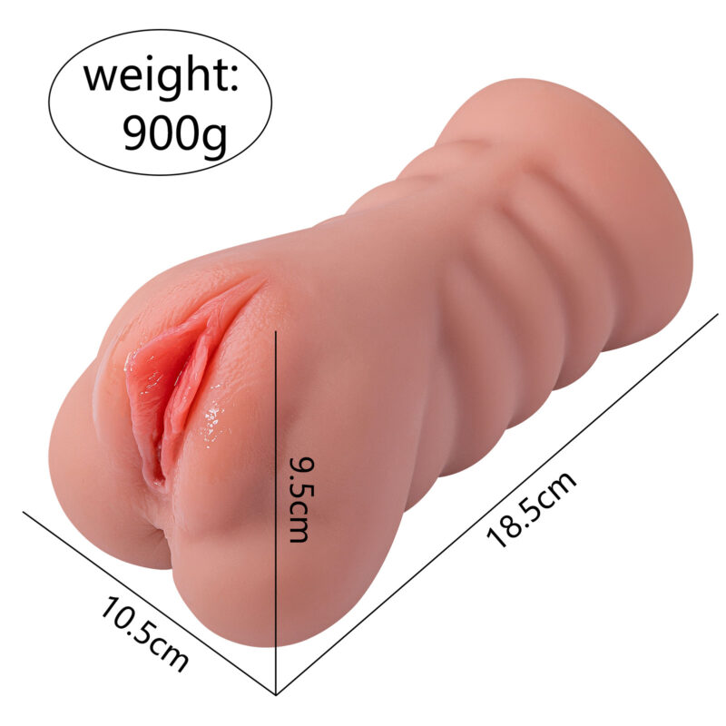 Realistic flesh-colored sex toy with detailed vaginal opening, 900g weight, 18.5cm length.