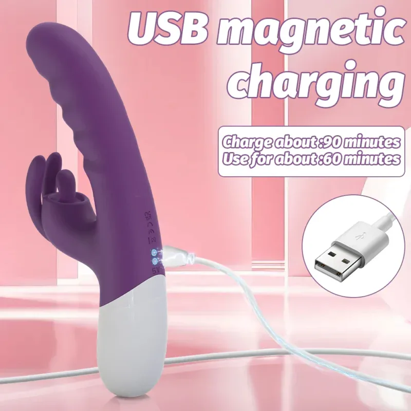 Vibrator with USB magnetic charging, pink background, and charging cable.