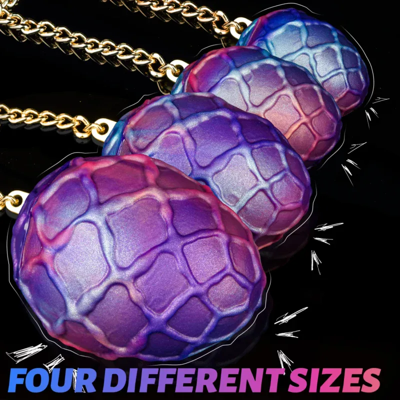 Colorful large egg-shaped anal plug with chain for adult BDSM and anal training.