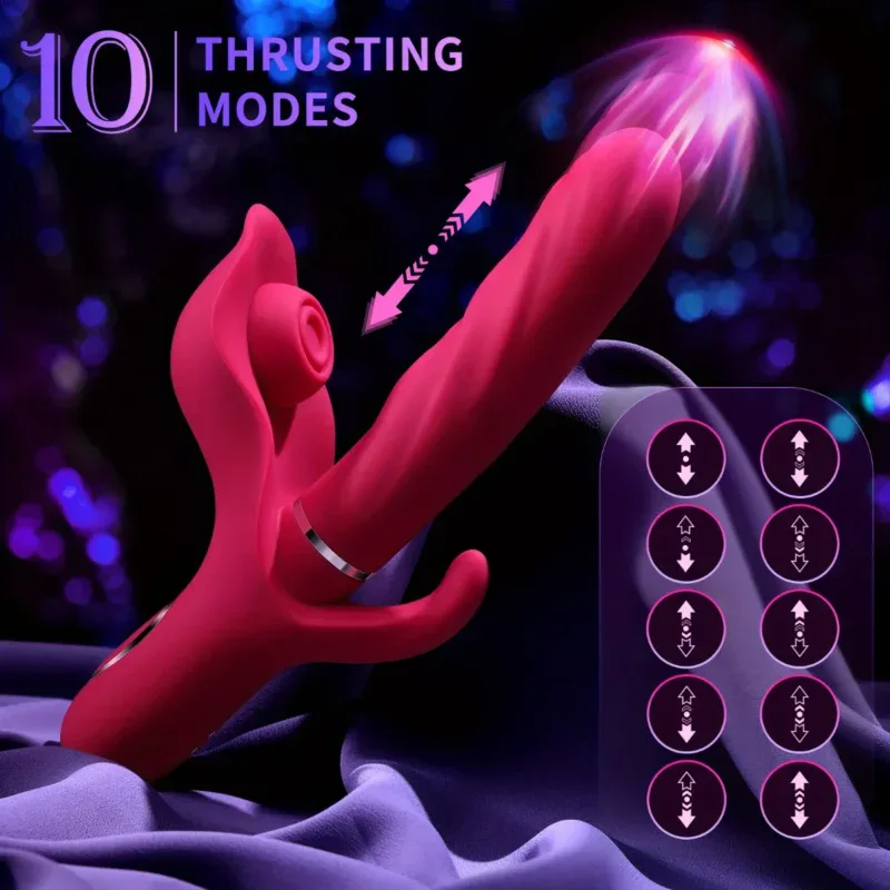 Pink dildo with 10 thrusting modes and vibration settings for enhanced pleasure.