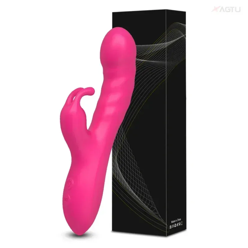 Pink curved vibrator for women, soft silicone, ergonomic design, with packaging box.