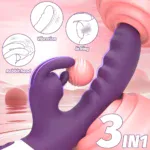 Vibrating 3-in-1 rabbit sex toy with licking and rabbit head features for enhanced pleasure.