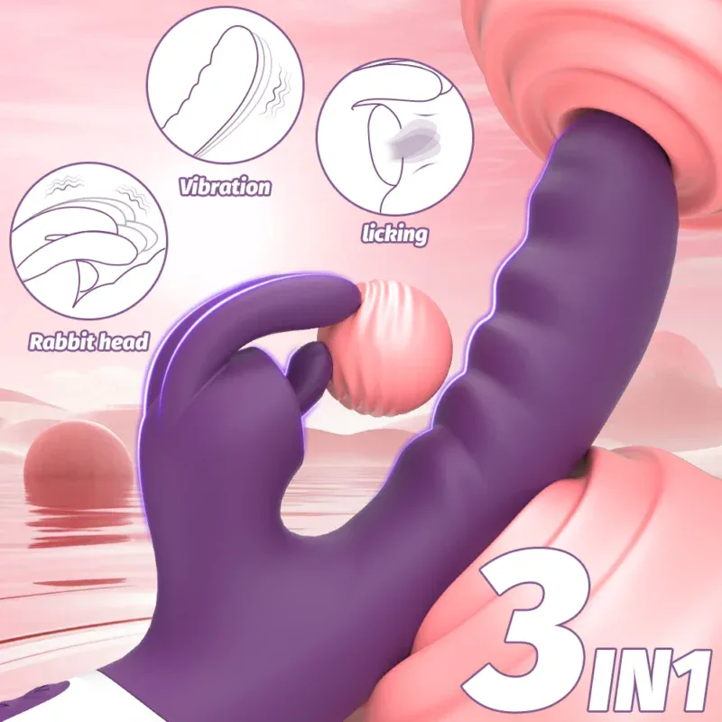 Vibrating 3-in-1 rabbit sex toy with licking and rabbit head features for enhanced pleasure.