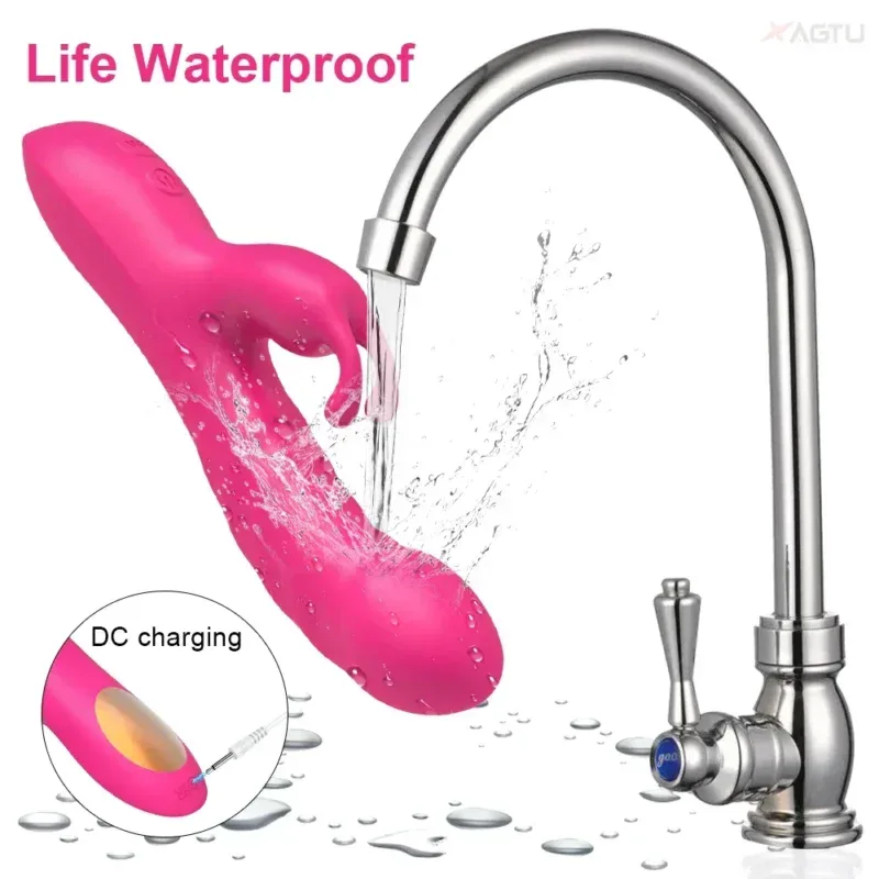 Waterproof pink vibrator under running water, rechargeable via USB.