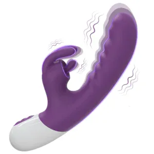 Purple curved vibrator for G-spot stimulation with vibrating features.
