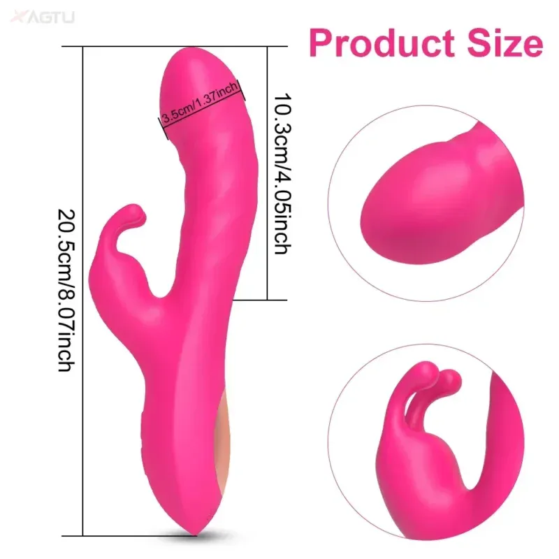 Pink curved vibrator with clitoral stimulator, 20.5cm length, 3.5cm diameter, ergonomic design for p.