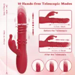Red rabbit vibrator with telescopic extension and multiple vibration modes for enhanced pleasure.