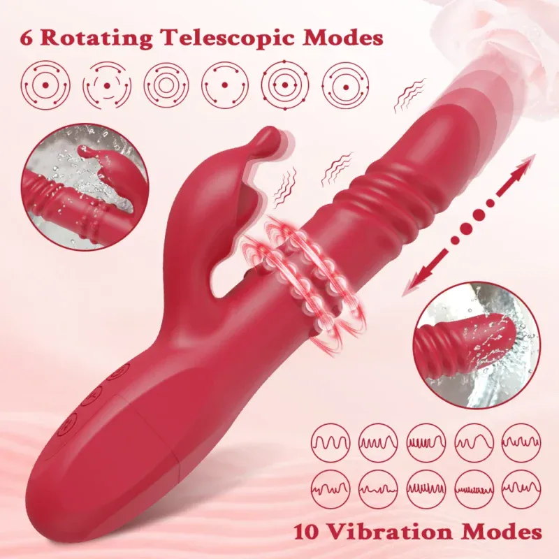 Red sex toy with rotating and vibrating modes, waterproof design, and adjustable settings.