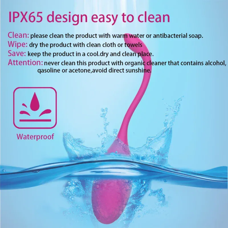 Vibrant pink sex toy in water with waterproof icon, emphasizing easy cleaning and waterproof feature.