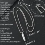 Silver stainless steel square pearl chain necklace with lobster clasp, 10g, 60cm length.