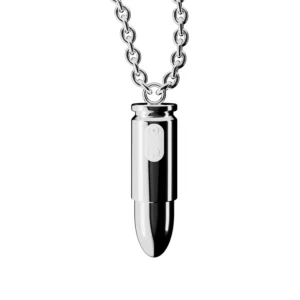 Stylish metallic vibrator pendant on chain, discreet adult jewelry accessory.