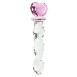 Beaded glass dildo with pink heart-shaped charm handle for adult pleasure.