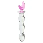 Beaded glass dildo with pink charm handle for adult pleasure.