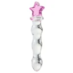 Beaded glass dildo with pink star-shaped charm handle for adult pleasure.