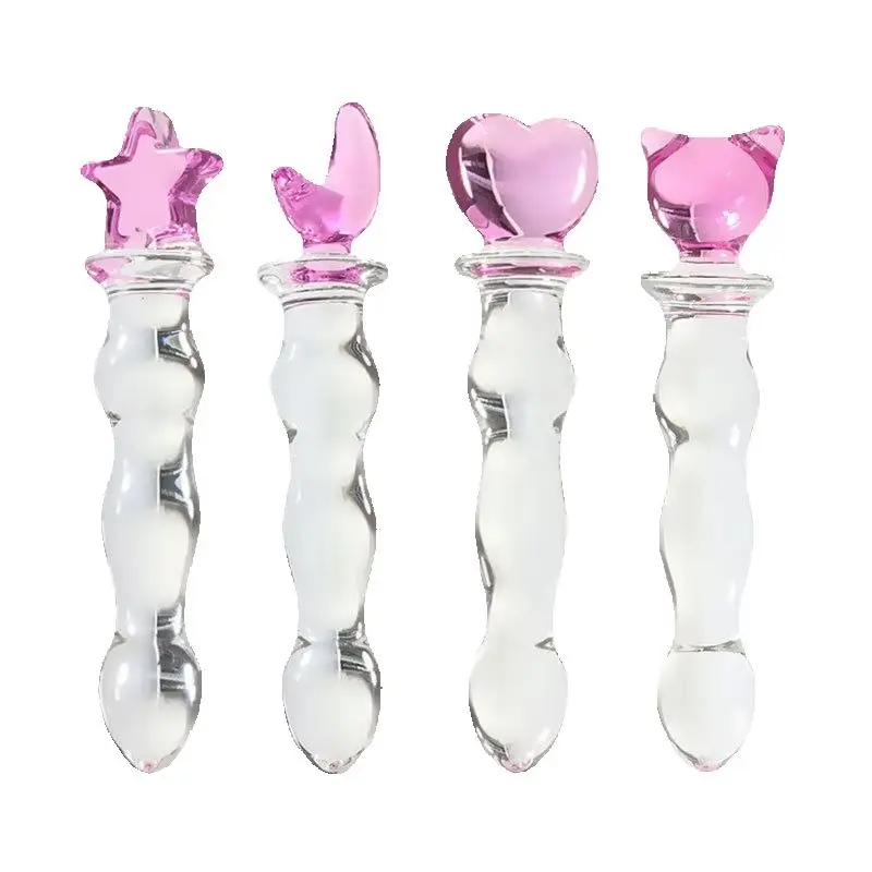Beaded Glass Dildo with Pink Charm Handle, 4 Designs Set of four beaded glass dildos with pink charm handles in different shapes.