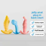 Colorful jelly anal plug set with various styles and sizes for beginners.