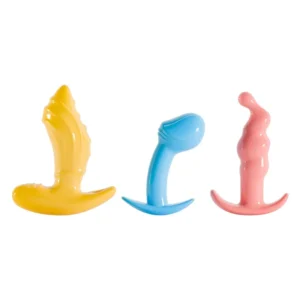 Online MK Adult Sex Toy Store Graduated 3 Piece Soft Jelly Anal Plug Set for Starters 10 Colorful jelly anal plug set for beginners with three different sizes and shapes.