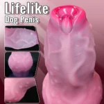 Lifelike dog penis sex toy with suction cup in pink color for adult pleasure.