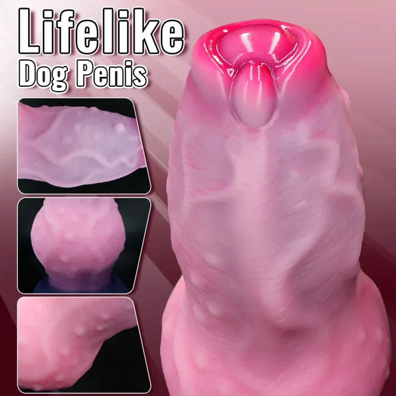 Lifelike dog penis sex toy with suction cup in pink color for adult pleasure.