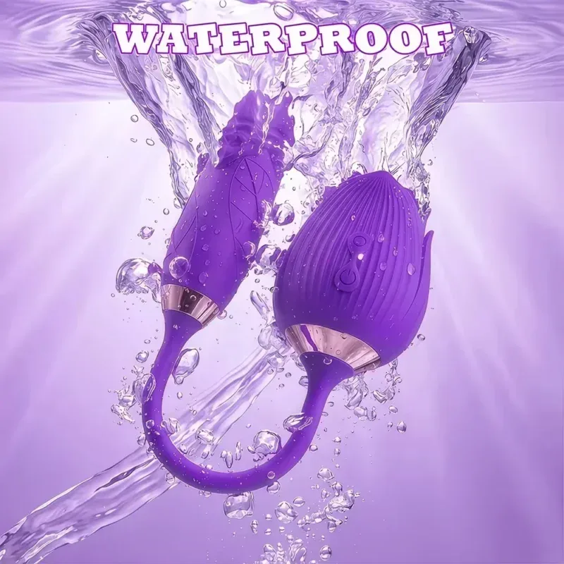 Purple waterproof vibrator with suction feature submerged in water.