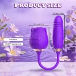 Purple sex toy with size details and modes, on water with flowers background.