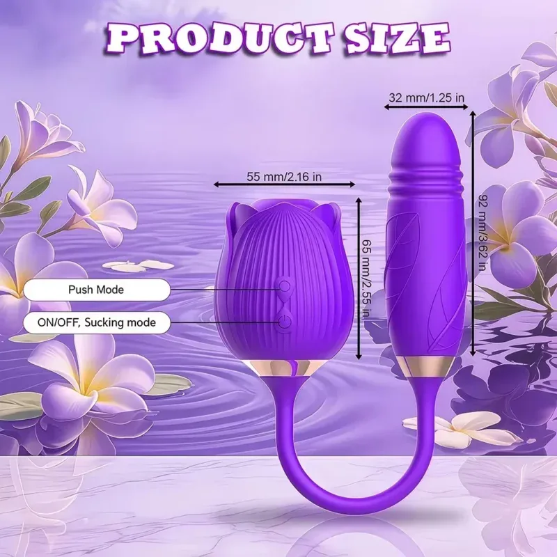 Purple sex toy with size details and modes, on water with flowers background.