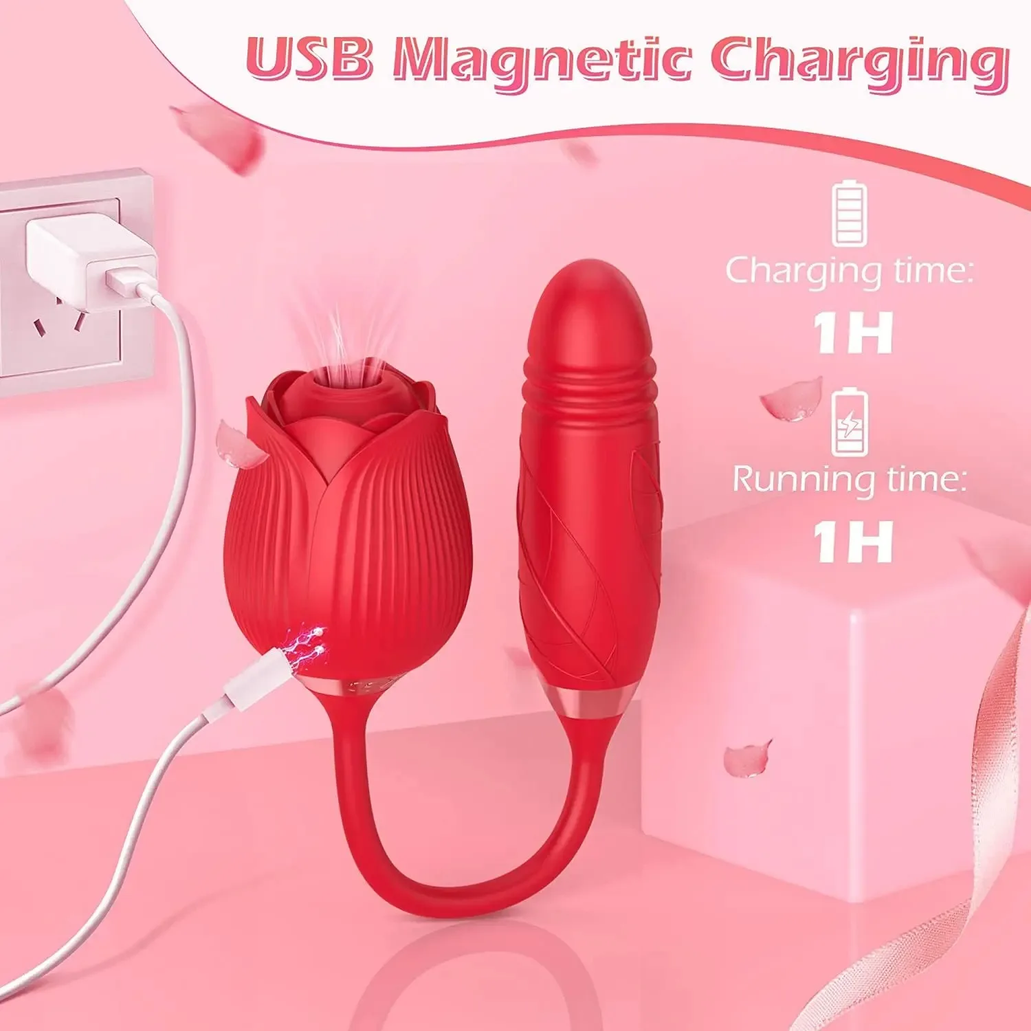 Red USB magnetic charging vibrator with rose design and remote control.
