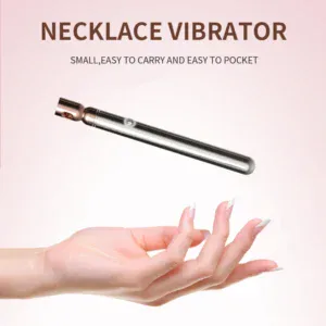 Small stainless steel necklace vibrator with 10 modes and IPX6 waterproof rating.
