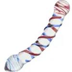 Colorful glass dildo with red, white, and blue swirls for adult pleasure.