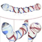 Colorful glass dildo with red and blue swirls for adult pleasure.