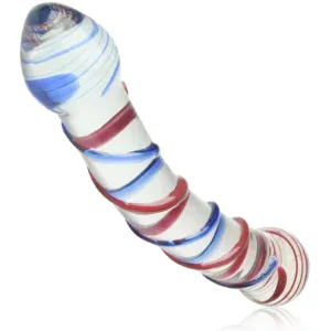 Online MK Adult Sex Toy Store Spiral Ribbed Double Ended Glass Dildo Curved Wand 10 Colorful spiral glass dildo with curved design for adult pleasure.